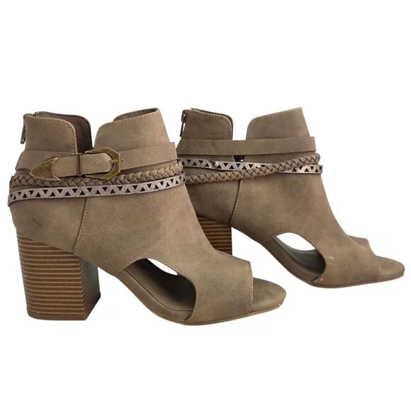 Jellypop Tenley Womens Taupe Peep-Toe Booties Block Heel Braided Strap Zipper 9M - Picture 1 of 9